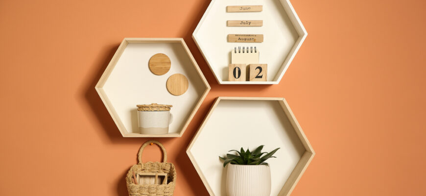 Shelves,With,Decorative,Elements,On,Color,Wall.,Interior,Design