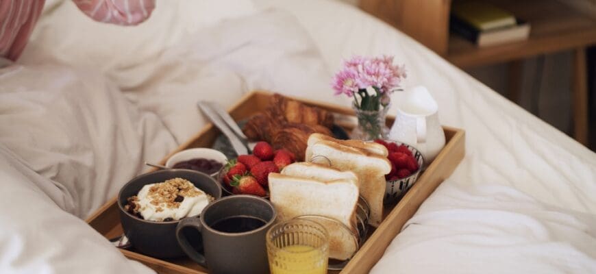 Person,,Food,Tray,And,Bed,With,Breakfast,For,Healthy,Diet,